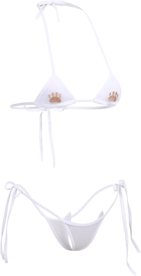 ABAFIP Womens Cute Kawaii Anime Cat Kitten Lingerie set Micro Bikini Strappy Tiny Bra Mini Panty Extreme Swimsuit