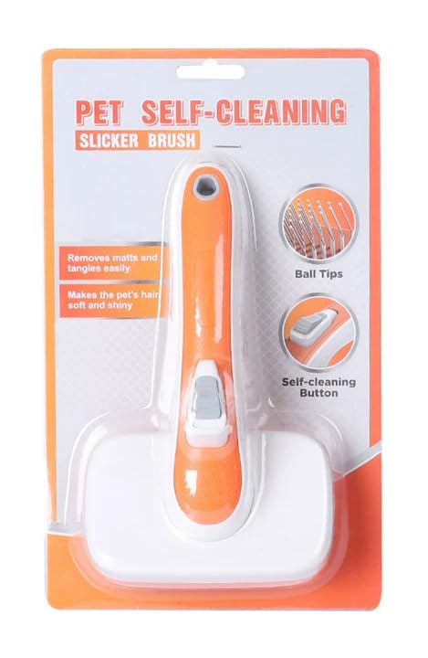 Self Cleaning Slicker Brush for Dogs, Cats Deshedding Grooming Tool, Skin Friendly, Remove Loose Shedding Hair, Glides Naturally without Pulling (Orange)