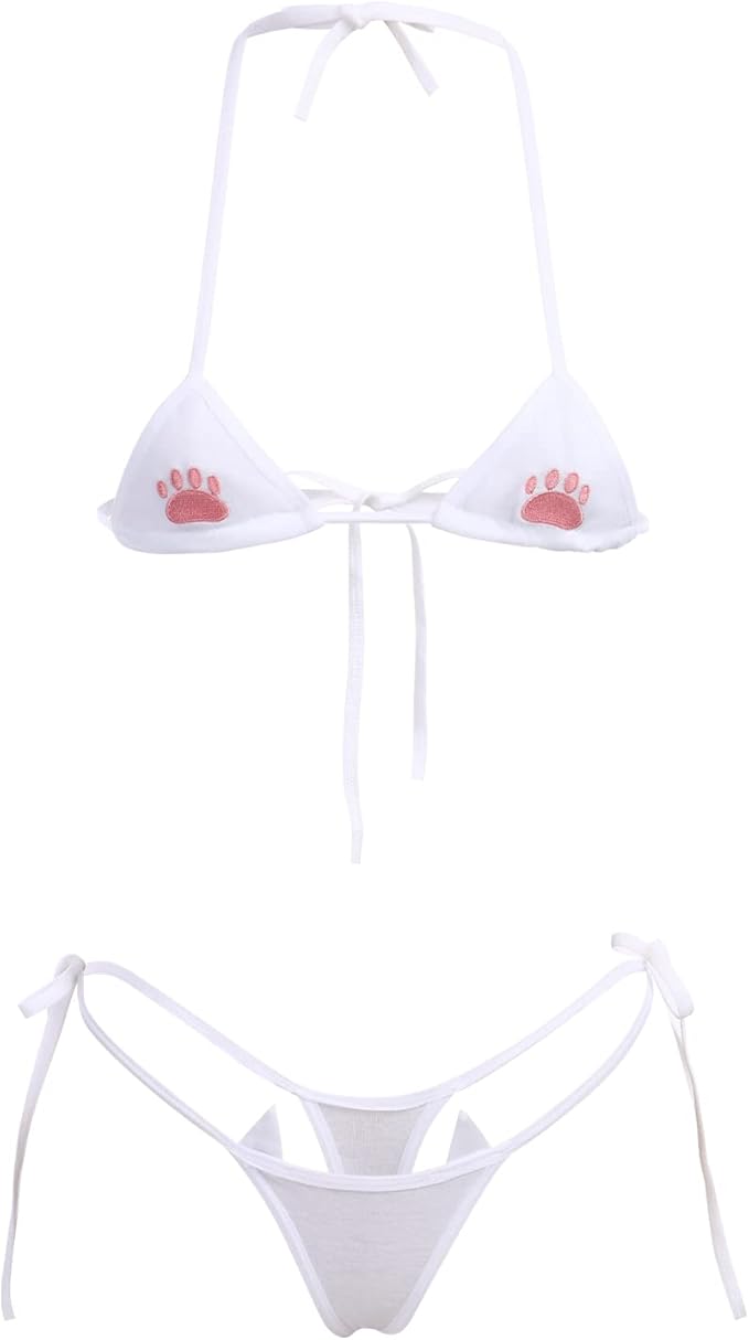 ABAFIP Womens Cute Kawaii Anime Cat Kitten Lingerie set Micro Bikini Strappy Tiny Bra Mini Panty Extreme Swimsuit