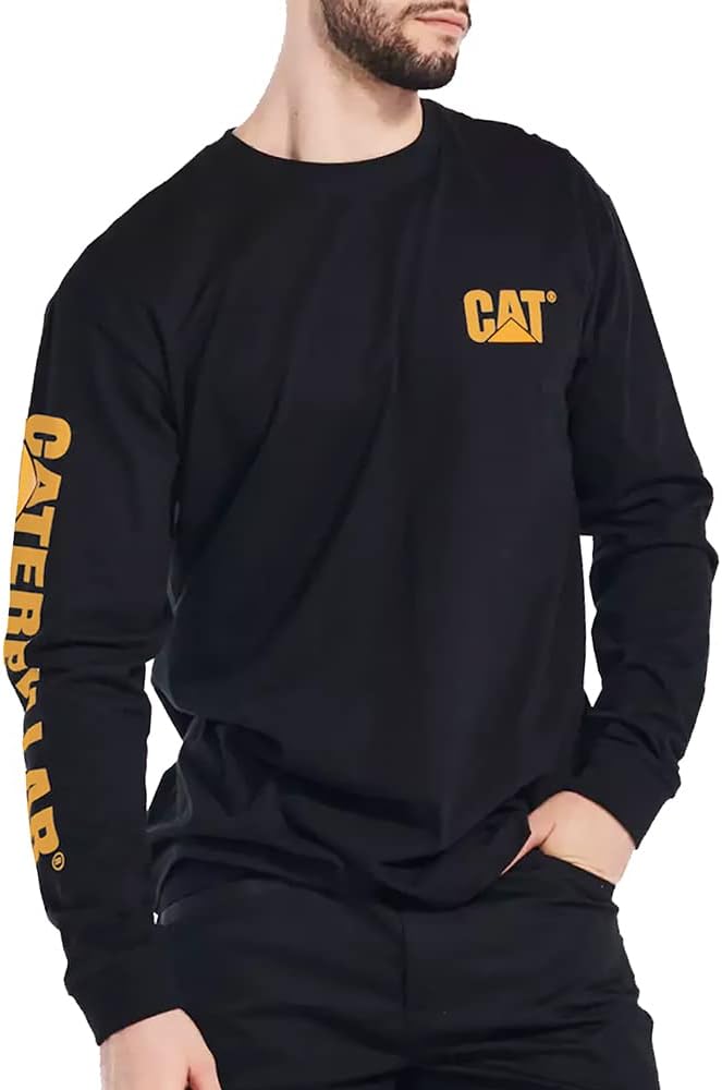 Caterpillar Trademark Banner Long Sleeve Tee Shirts for Men with Center Back Neck Wire Management Loop and Cat Workwear Logo