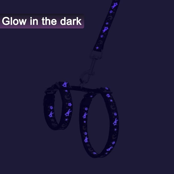 Cat Harness and Leash Set for Outdoor Walking Escape Proof Adjustable Soft Safety Strap with Golden Star and Moon Design Glow in The Dark Black Medium