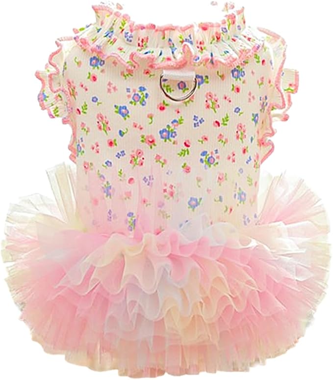 Floral Puppy Dress with D-Ring Ruffled Small Dog Clothes Female Spring Cat Outfit Sleeveless Pet Princess Skirt Cute Dogs Tutu Dresses (Pink, X-Large)