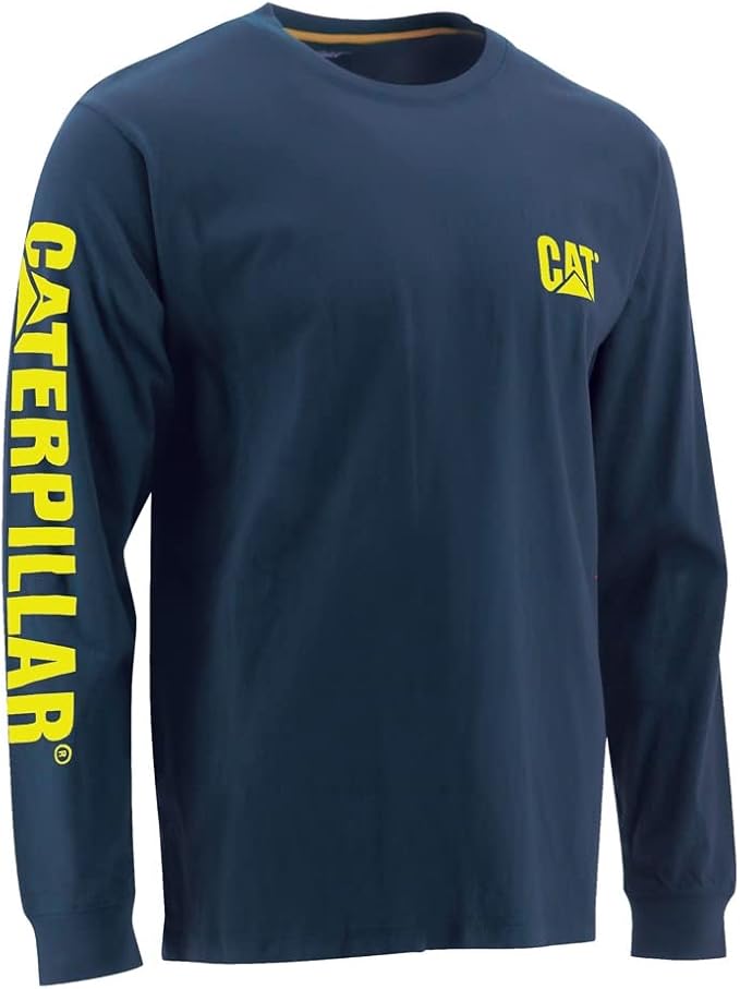 Caterpillar Trademark Banner Long Sleeve Tee Shirts for Men with Center Back Neck Wire Management Loop and Cat Workwear Logo