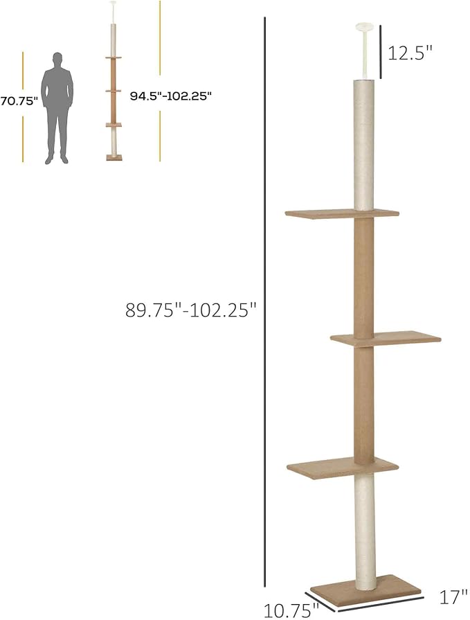 PawHut Floor-to-Ceiling Cat Tree Cat Climbing Tower with Sisal-Covered Scratching Posts Natural Cat Tree Activity Center for Kittens Cat Tower Furniture, Light Brown