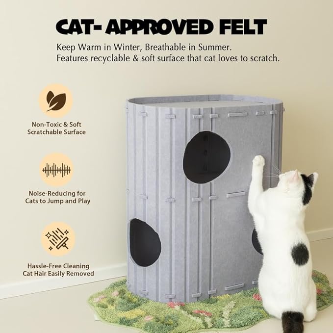 PETKARAY 2-Story Felt Cat House, Large Bed Cave for Indoor Cats, Felt Tunnel Hideaway Condo for Multi-Cat Households, 23.6x22x12 inches, Beige