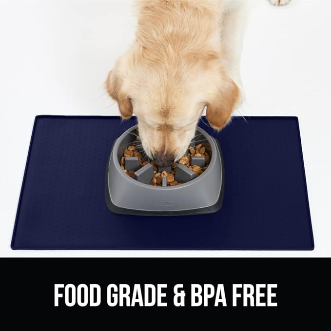 GORILLA GRIP 100% Waterproof Raised Edge BPA Free Silicone Pet Feeding Mat, Dog Cat Food Mats Contain Spills Protects Floors, Placemats for Cats and Dogs Water Bowl, Pets Accessories 16x10, Navy