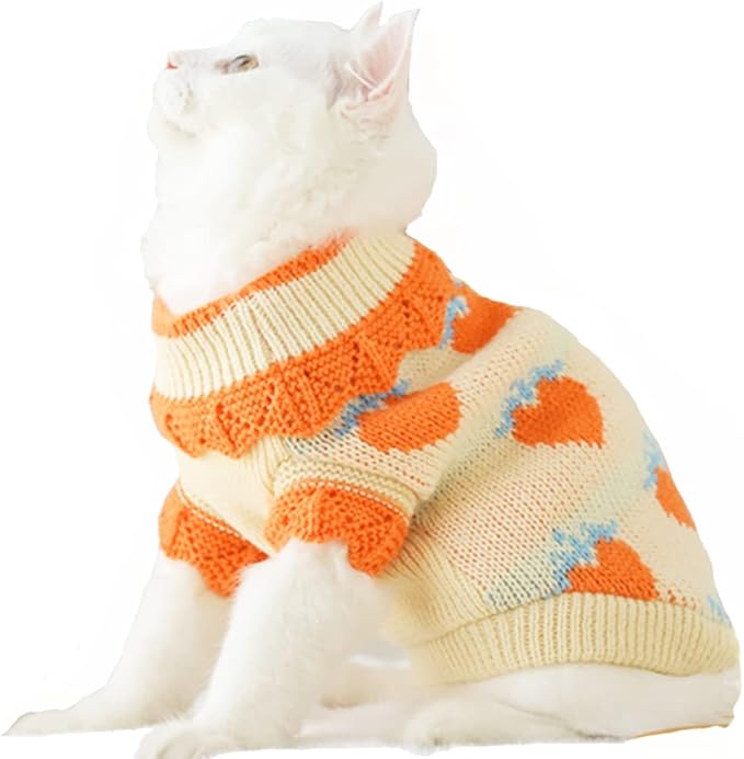 ANIAC Fall Dog Sweater for Small Dog Girl Strawberry Knitted Cat Sweater Winter Puppy Clothes Turtleneck Kitten Knitwear Could Weather Outfit for Teacup Chihuahua Yorkie Poodle (X-Small, Orange)