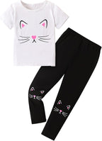 4-8T Toddler Girl Clothes Cat face print Short Sleeve Top+Pants Outfits Girl Spring and summer 2-Piece Set