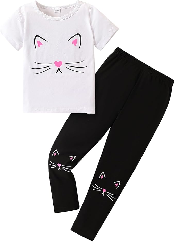 4-8T Toddler Girl Clothes Cat face print Short Sleeve Top+Pants Outfits Girl Spring and summer 2-Piece Set