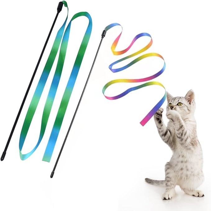 LASOCUHOO Interactive Cat Rainbow Wand Toys, Interactive Cat Teaser Wand String, Colorful Ribbon Charmer for Most Cats and Kittens - 2 PCS