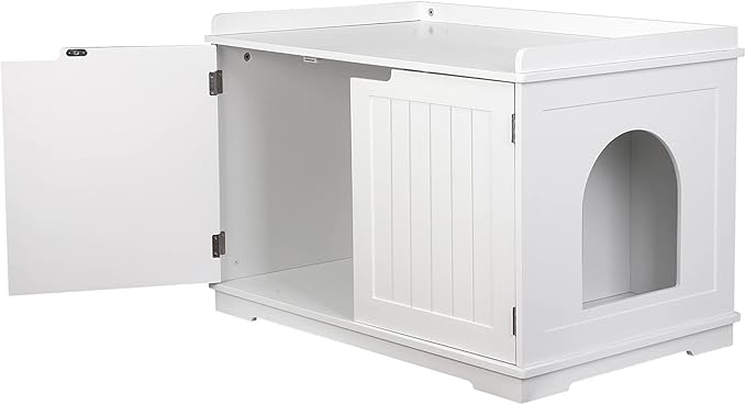 ZENY Wooden Cat Litter Cabinet, Hidden Litter Box Enclosure, Modern Storage Bench with Divider, Fit Most Boxes - White