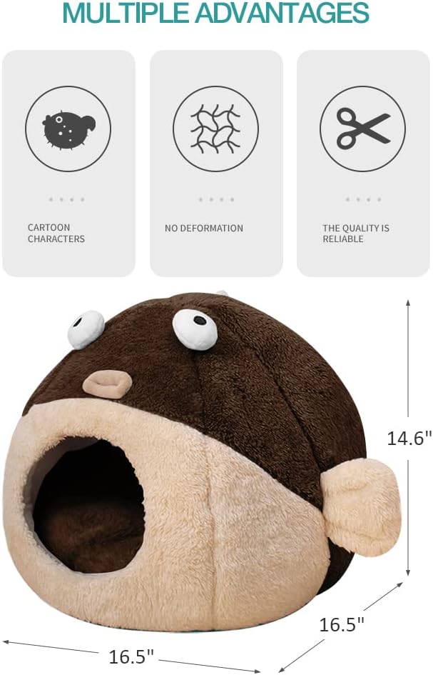 Cat Beds for Indoor Cats - Cat Bed Cave with Removable Washable Cushioned Pillow, Soft Plush Premium Cotton No Deformation Pet Bed, Lively Pufferfish cat House Design, Brown, Multiple Sizes