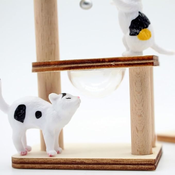 1/12 Scale Accessories Cat Figurines Sets which Including Blue Litter Box,Climbing Tree and 3 Cats - Mini Resin Animals for Dollhouse Decoration and Miniatures Cake Topper