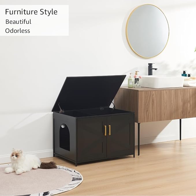 unipaws Black Top Opening Cat Litter Box Enclosure, Flip Top XL Extra Large Cat Box Furniture, Friendly to Elderly People, High Jumbo Automatic Litter Box Cover Hidden for Large Cat