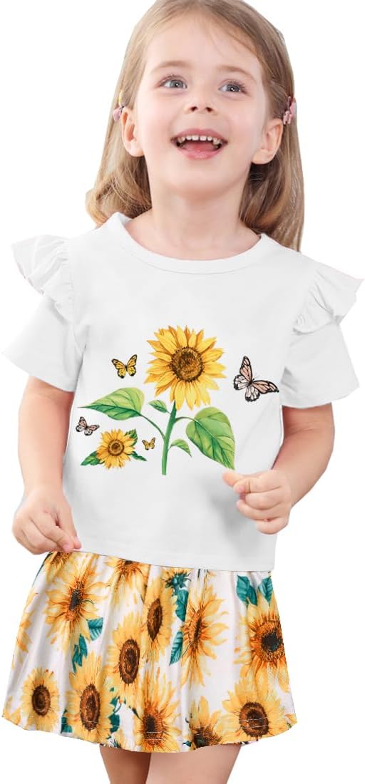 Akyzic Little Girl Skirt Outfit Two Piece Spring Summer Outfit Butterfly Dress Cat Print Skirt Toddler Girl Outfit Set