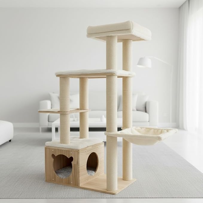 Multi-Level Pine Wood Cat Tree Tower for Indoor Large Cats - Solid Cat Condo House with Hammock - Sisal Scratching Posts - Sturdy Cat Furniture, 49", Beige