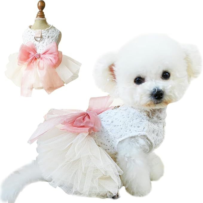 White Small Dog Wedding Dress with D-Ring, Bow Knot Puppy Clothes for Small Dog Girl,Cat Birthday Outfit, Pet Party Dress for Kitten Chihuahua Yorkie Pomeranian (White, Medium)