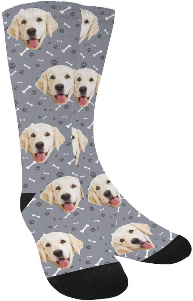 MyPupSocks Custom Personalized Photo Pet Face Socks, Cat and Dog Tracks Paws Bones Crew Socks with Picture for Men Women