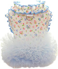 Floral Puppy Dress with D-Ring Ruffled Small Dog Clothes Female Spring Cat Outfit Sleeveless Pet Princess Skirt Cute Dogs Tutu Dresses (Blue, Large)