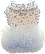 Floral Puppy Dress with D-Ring Ruffled Small Dog Clothes Female Spring Cat Outfit Sleeveless Pet Princess Skirt Cute Dogs Tutu Dresses (Blue, Large)
