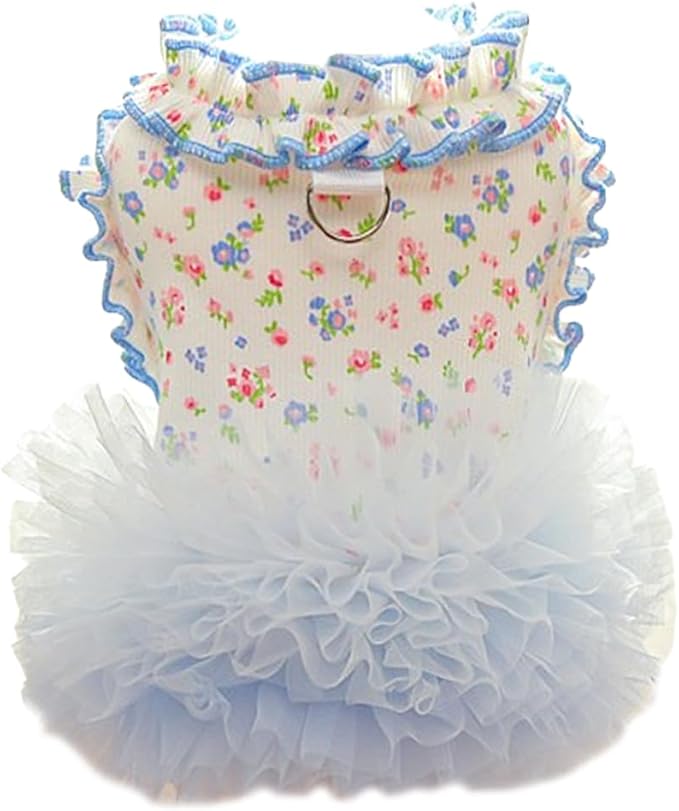 Floral Puppy Dress with D-Ring Ruffled Small Dog Clothes Female Spring Cat Outfit Sleeveless Pet Princess Skirt Cute Dogs Tutu Dresses (Blue, Large)