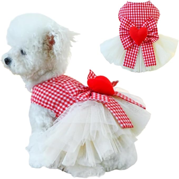 Plaid Small Dog Dress with Leash Ring Valentines Cat Outfit Dog Tutu Princess Holiday Puppy Clothes with Bow Knot and Heart Pet Apparel for Kitten Chihuahua Yorkie (Red, X-Small)