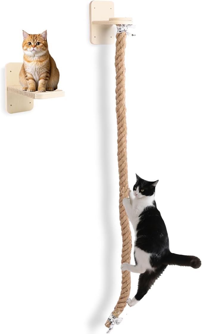 Cat Climbing Wall, Wall Mounted Cat Ladder, Cats Climbings Pole with 59in Climbing Rope, Larger and Wider Base Cats Ladder for Walls with Scratching Post (1.5m/59in Long)