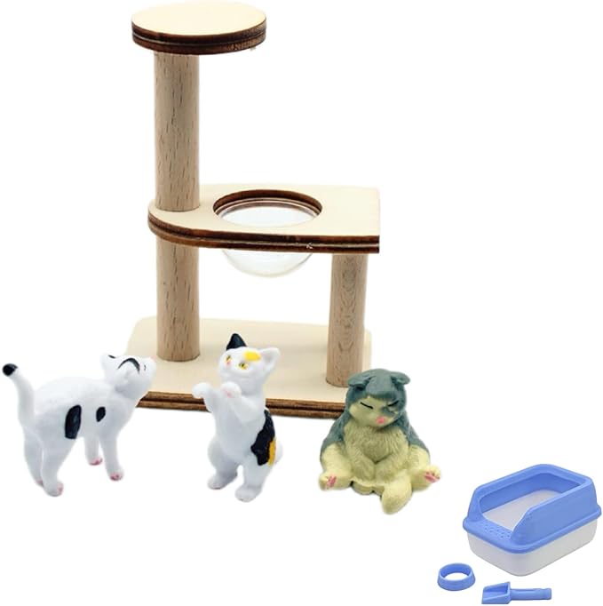 1/12 Scale Accessories Cat Figurines Sets which Including Blue Litter Box,Climbing Tree and 3 Cats - Mini Resin Animals for Dollhouse Decoration and Miniatures Cake Topper