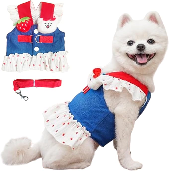 ANIAC Denim Dog Dress Harness with Leash Set Cute Small Dogs Clothes Girl Heart Patterns Puppy Dresses Breathable Mesh Cat Harness Leash Strawberry Chihuahua Yorkie Outfit (White Heart, Medium)