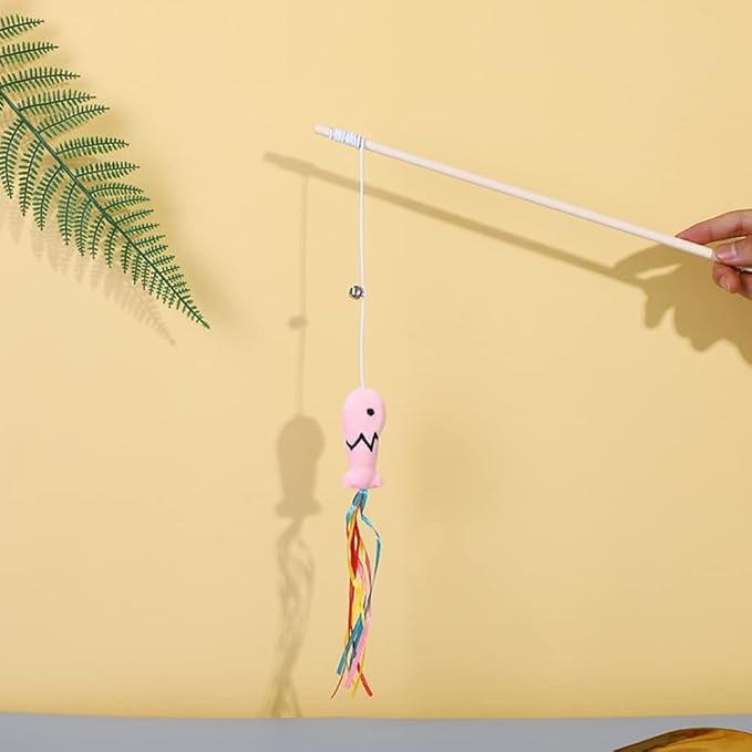 IUHKBH Cat Wand, 3 PCS Interactive Kitten Toys Wooden Handle Kitten Teaser Toys with Cute Fish Tail Sturdy Cat Sticks