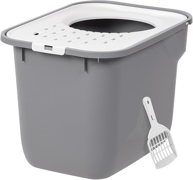 IRIS USA Cat Litter Box, Large Cat Box Enclosure, Top Entry with Litter Catching Lid, Enclosed with Scoop, Gray/White