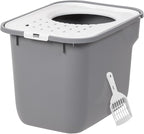 IRIS USA Cat Litter Box, Large Cat Box Enclosure, Top Entry with Litter Catching Lid, Enclosed with Scoop, Gray/White
