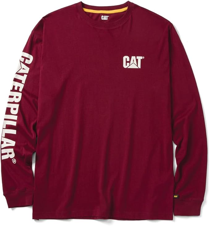 Caterpillar Trademark Banner Long Sleeve Tee Shirts for Men with Center Back Neck Wire Management Loop and Cat Workwear Logo
