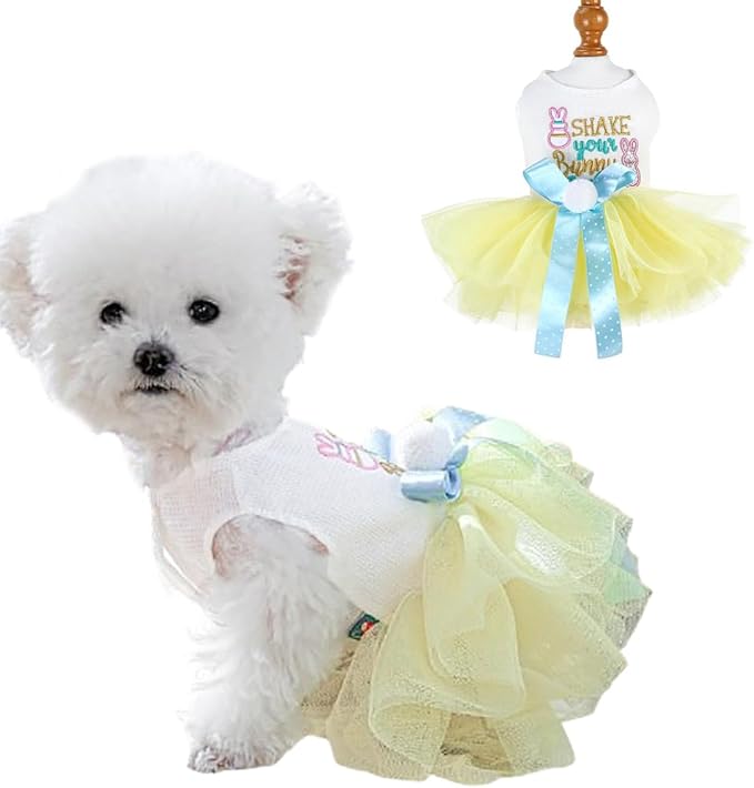 Dog Easter Outfit with Embroidered Bunny Patterns and Cute Pompom Holiday Puppy Dress Bow Small Dog Tutu Cat Apparel Fancy Pet Clothes,Yellow,Blue,White (Yellow, X-Large)