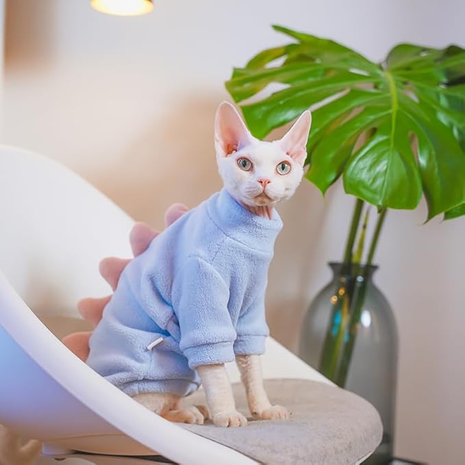 Dinosaur Sphynx Cat Clothes, Soft Polar Fleece Sweater for Cat, Elastic Pet Clothes Thick Winter Warm Outfit for Hairless Cat, Devon, Cornish, Small Dogs Apparel with Sleeves (Sky Blue, X-Large)