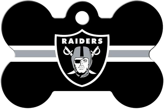 GoTags Personalized Oakland Raiders Dog Tag, Brass Metal Bone Shape Pet ID Tag Engraved with Name and Custom Text, Every NFL Football Team Pet Apparel (Large)