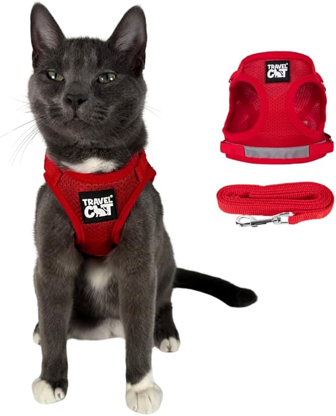 Travel Cat Harness and Leash Set - Adjustable Fit Mesh Cat Harness and Reflective Strap - Comfort Walking Vest for Kitten for Outdoor Walking, Hiking (Medium, Red)