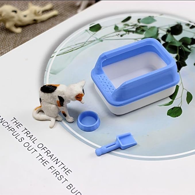 1/12 Scale Accessories Cat Figurines Sets which Including Blue Litter Box,Climbing Tree and 3 Cats - Mini Resin Animals for Dollhouse Decoration and Miniatures Cake Topper