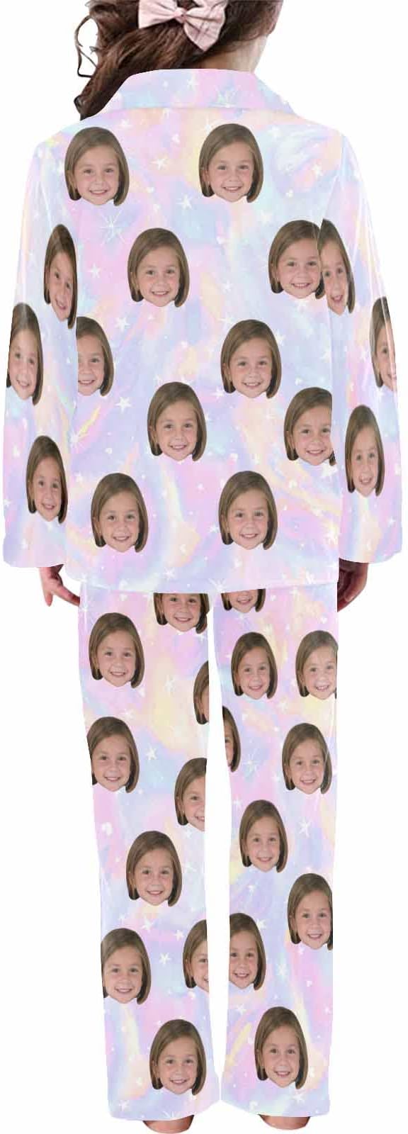 Artsadd Girls Pajamas Set Custom Face Pet Photo Long Sleeve Sleepwear Personalized Printed V-Neck Button-up Pants Nightwear