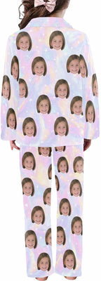 Artsadd Girls Pajamas Set Custom Face Pet Photo Long Sleeve Sleepwear Personalized Printed V-Neck Button-up Pants Nightwear