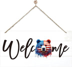 Welcome Sign for Front Door, Welcome Decor Wooden Hanging Sign for Wall Decor, American Bear Pattern Hanging Signs, Funny Wooden Outdoor Front Door Decoration 13.8X6.9 inches