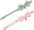 2 Pack Soft Corduroy Cat Collars with Bow Tie & Bell Adjustable Breakaway Bowtie Kitten Collar for Girl Boy Kittens(Pink & Grass Green)