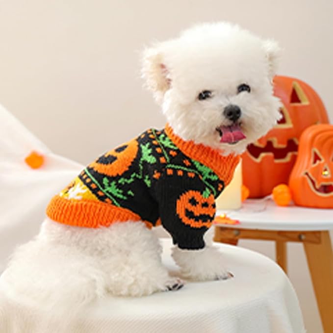 ANIAC Halloween Small Dog Sweater Pumpkin Cat Turtleneck Knitwear Warm Pet Halloween Costume Pumpkin cat Outfit Holiday Puppy Dog Clothes for Girl Boys (Black+Orange, Large)