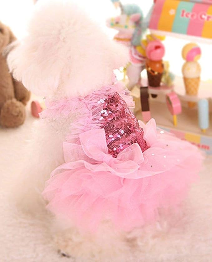 Fashion Sweet Puppy Dog Blingbling Princess Skirt Pet Dog Lace Cake Camisole Tutu Dress Pink Small