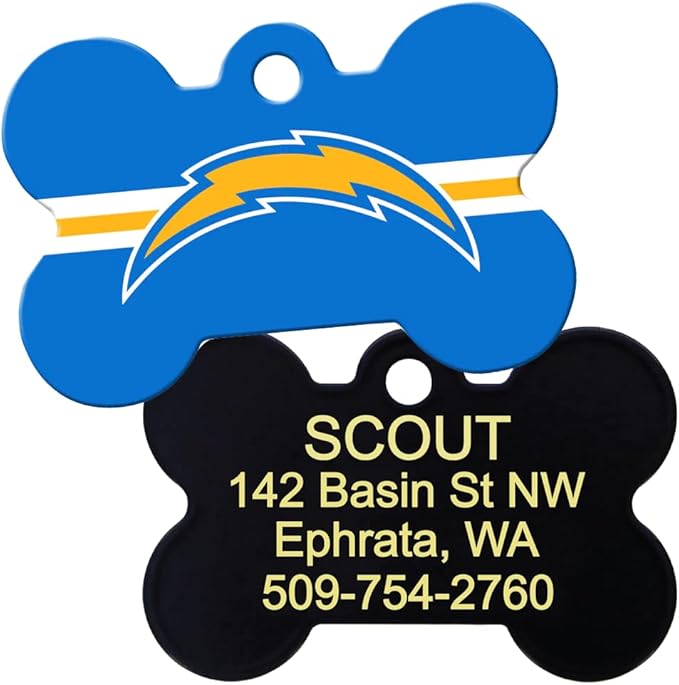 GoTags Personalized LA Chargers Dog Tag, Brass Metal Bone Shape Pet ID Tag Engraved with Name and Custom Text, Every NFL Football Team Pet Apparel (Large)