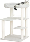 Cat Tree Tower Wooden 37.4''(95 cm), Large Cat Tree with Jump Platform & Play Ball for Indoor Cats, Ideal Cat's Climbing Frame & Playhouse (Linen Fabric Light Grey)