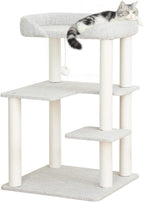 Cat Tree Tower Wooden 37.4''(95 cm), Large Cat Tree with Jump Platform & Play Ball for Indoor Cats, Ideal Cat's Climbing Frame & Playhouse (Linen Fabric Light Grey)