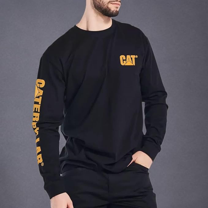 Caterpillar Trademark Banner Long Sleeve Tee Shirts for Men with Center Back Neck Wire Management Loop and Cat Workwear Logo