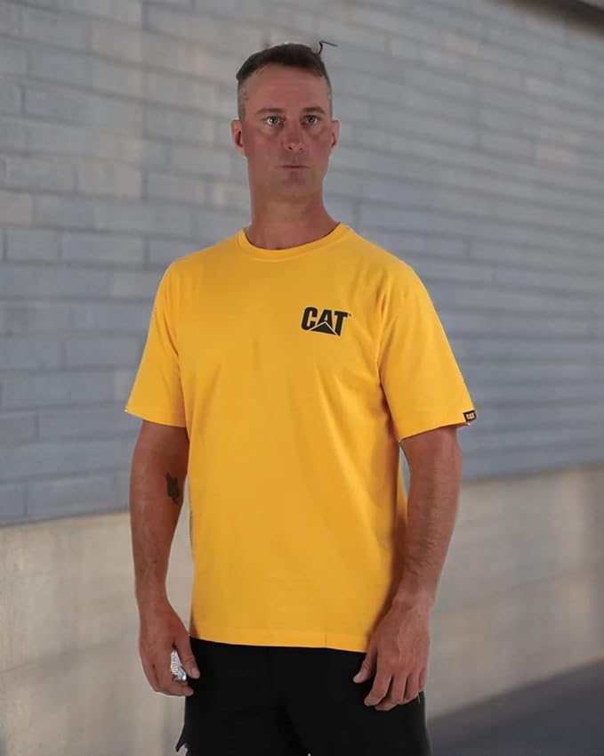 CAT Men's Trademark T-Shirts with Shape-Retention Rib Trim Spandex, Tagless Neck, and Cat Logo on Left Chest