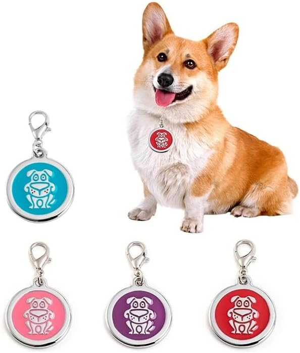 Personalized Funky Dog Design Pet ID Tags with Quick Tag Clip - Happy Puppy Name tag, Custom Laser Engraved pet Tags, Collar Name tag (Dog-Round-Small: Blue)